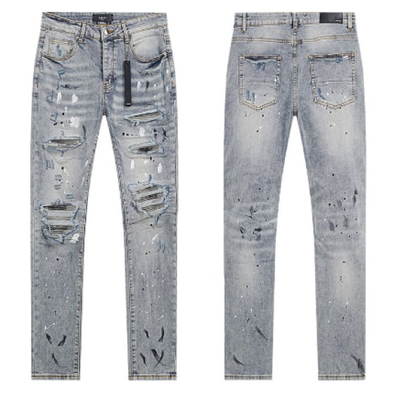 Light Blue Washed Denim Jeans with Paint Splatter and Multi-Rip Details